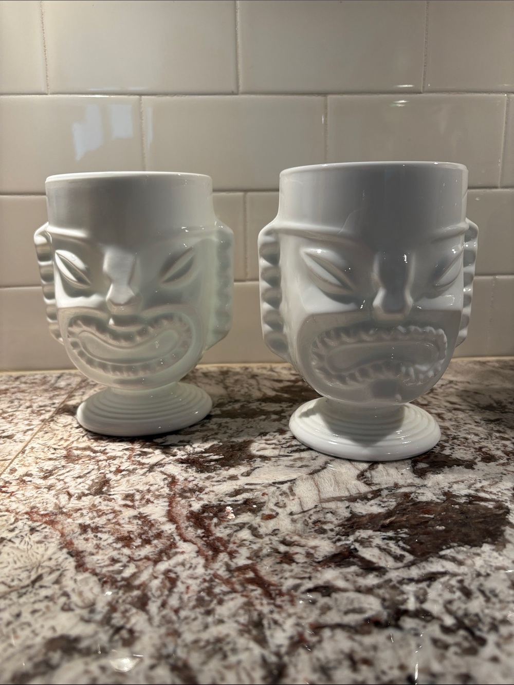 pair of vintage MCM tiki milk glass vases